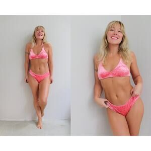 Vintage 1960's Bubble Gum Velvet Bikini ~ Women's SM MD  70's Swimsuit Swimwear